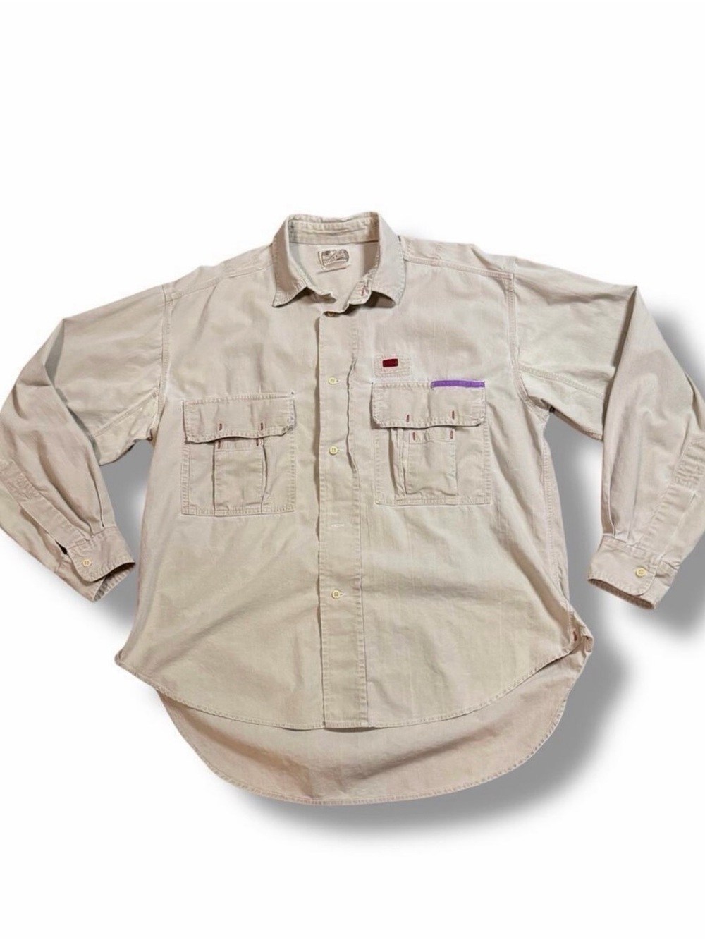 Vintage Cotton Supply Co. Fishing Shirt Mens Beige Long Sleeve Button Up Size M